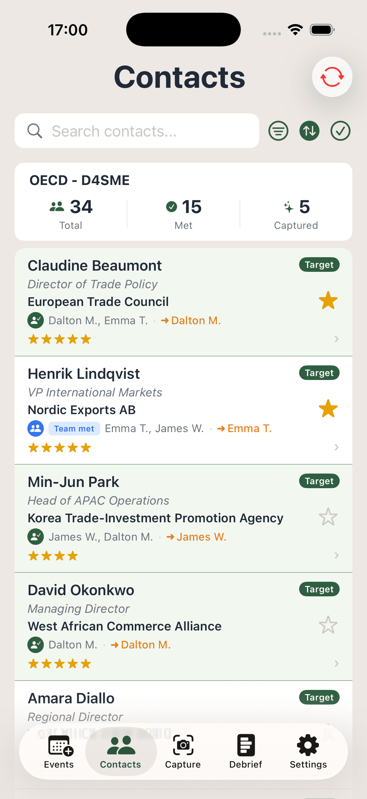 AttendeeX app Contacts screen with targets, ratings, and event stats